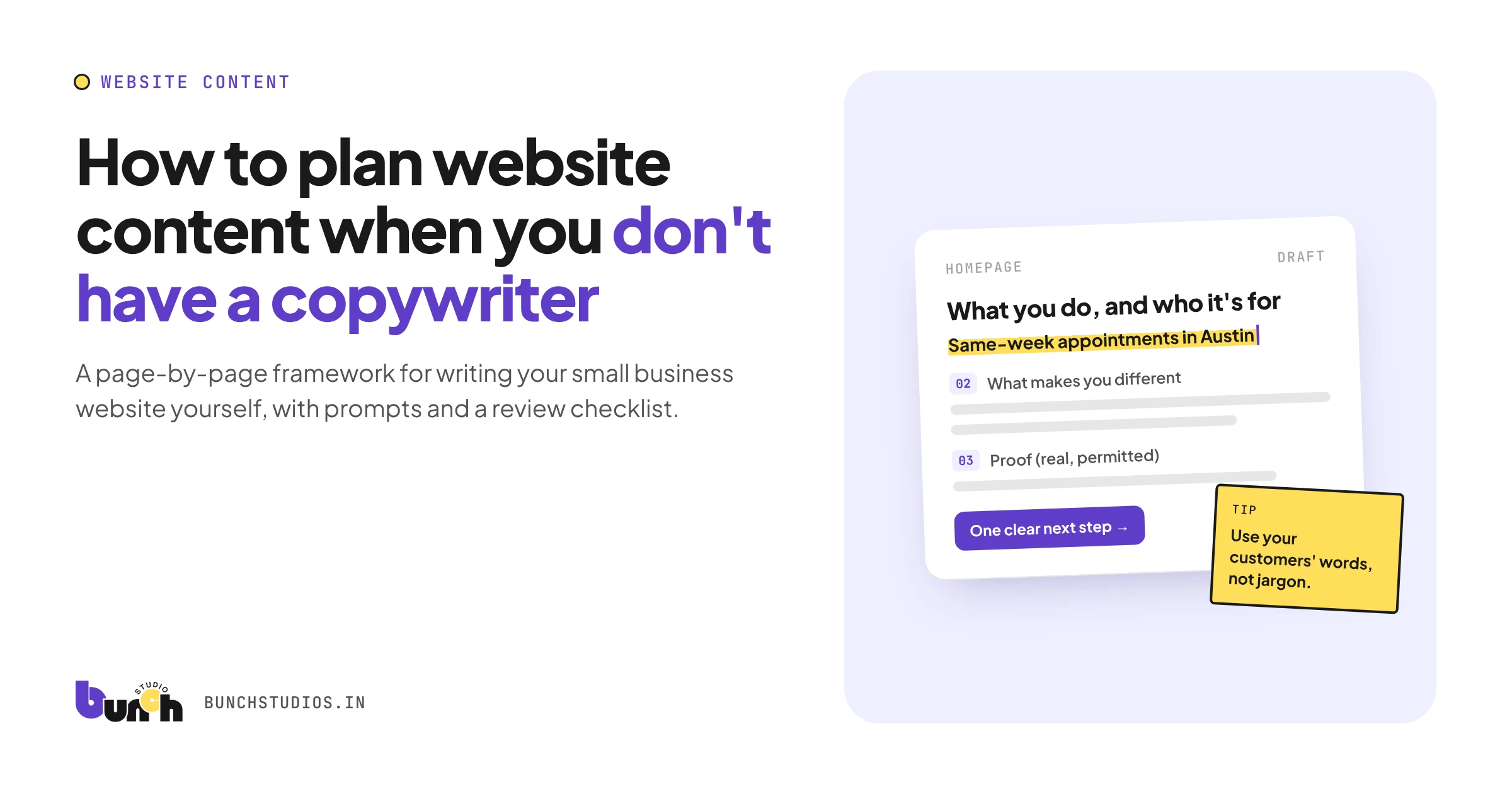 Cover graphic for a guide to planning website content without a copywriter, showing a homepage draft with writing prompts