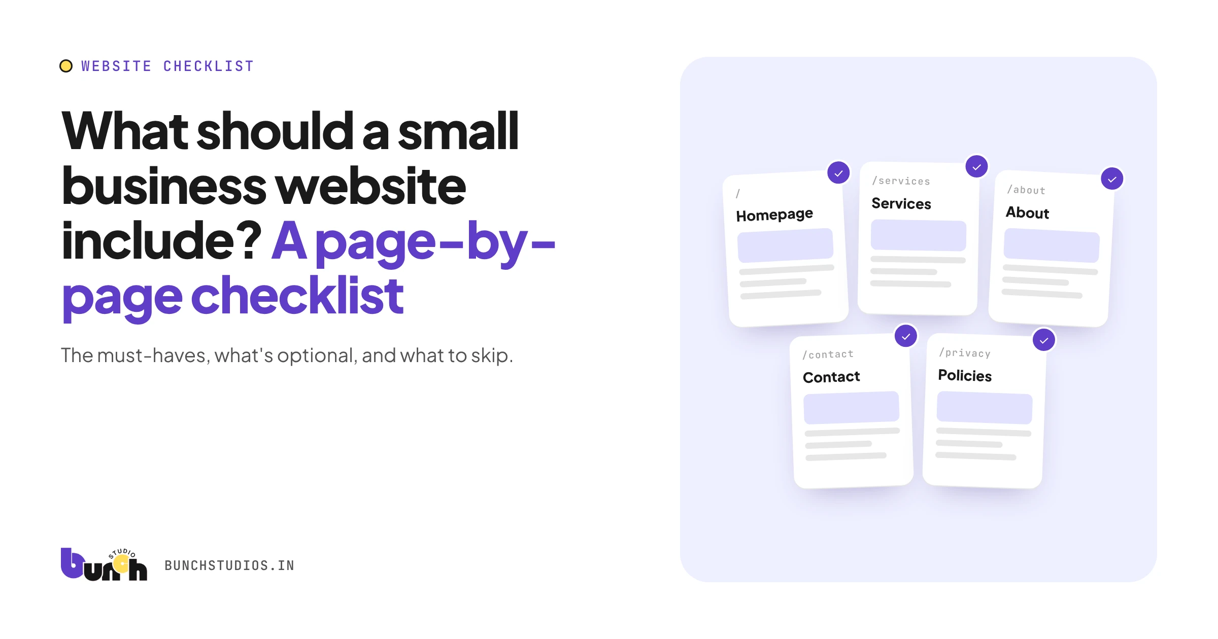 Cover graphic showing the core pages of a small business website: homepage, services, about, contact and policies