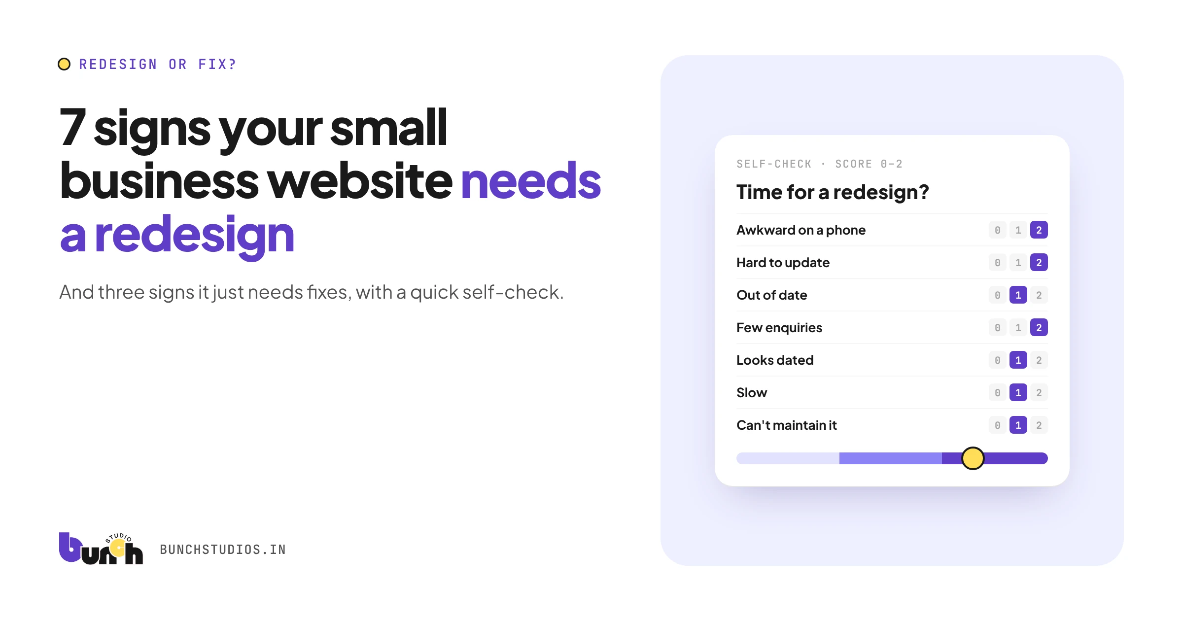 Cover graphic showing a self-check scoring a website on seven redesign signs