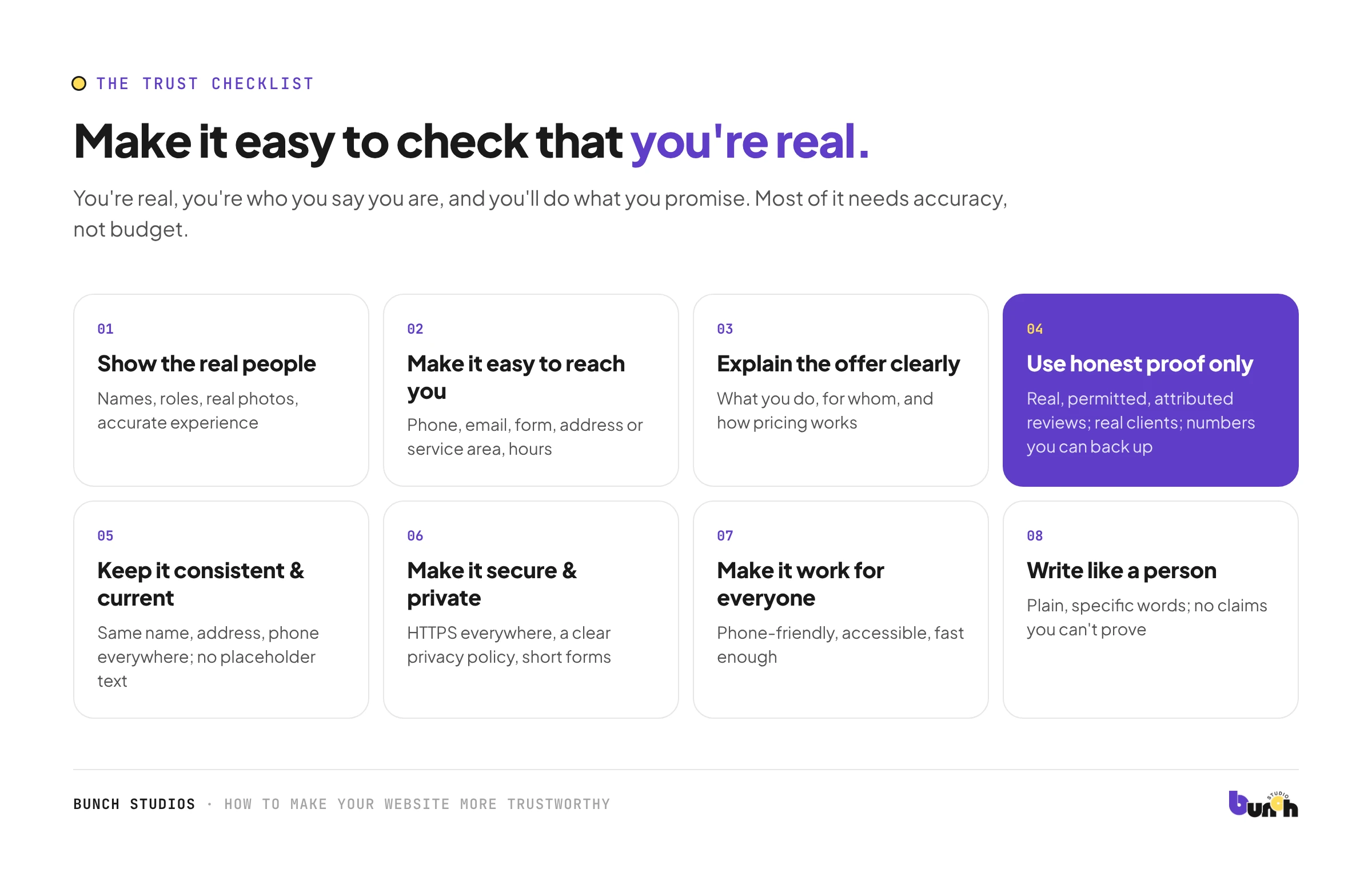 Eight areas that make a small business website more trustworthy, from real people to honest proof