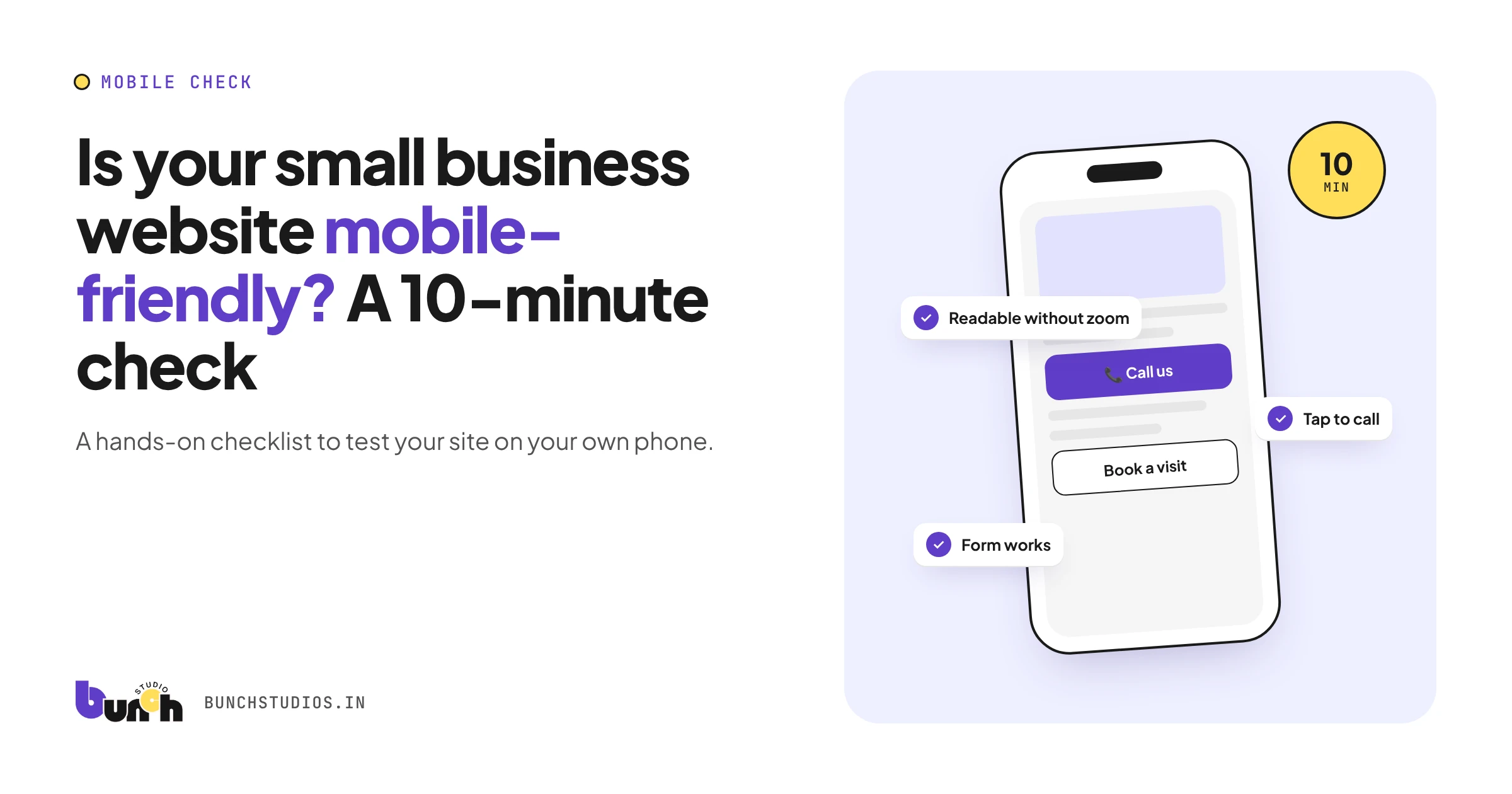 Cover graphic showing a small business website on a phone passing mobile checks