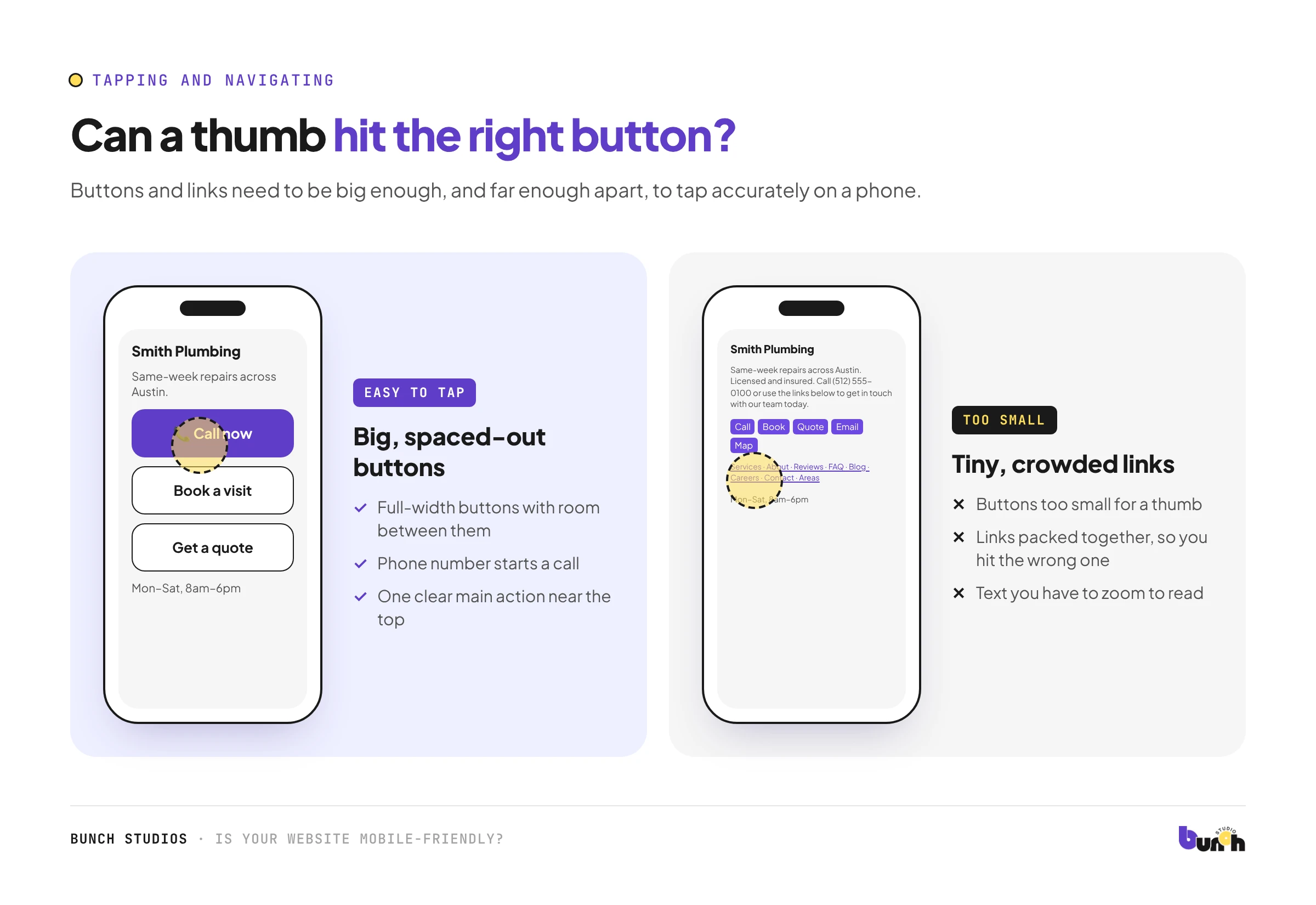Comparison of a small business website on a phone with buttons that are easy to tap and buttons that are too small