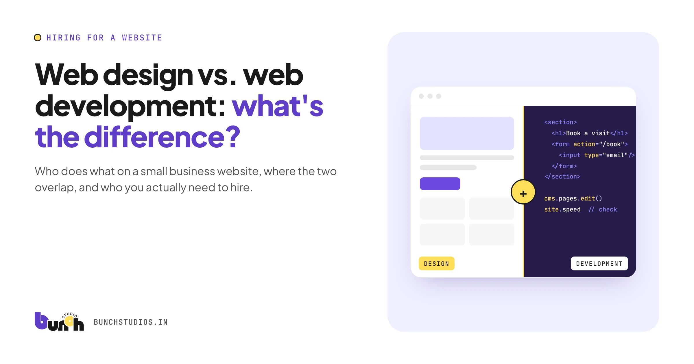 Cover graphic comparing web design and web development, showing a page layout beside the code that builds it