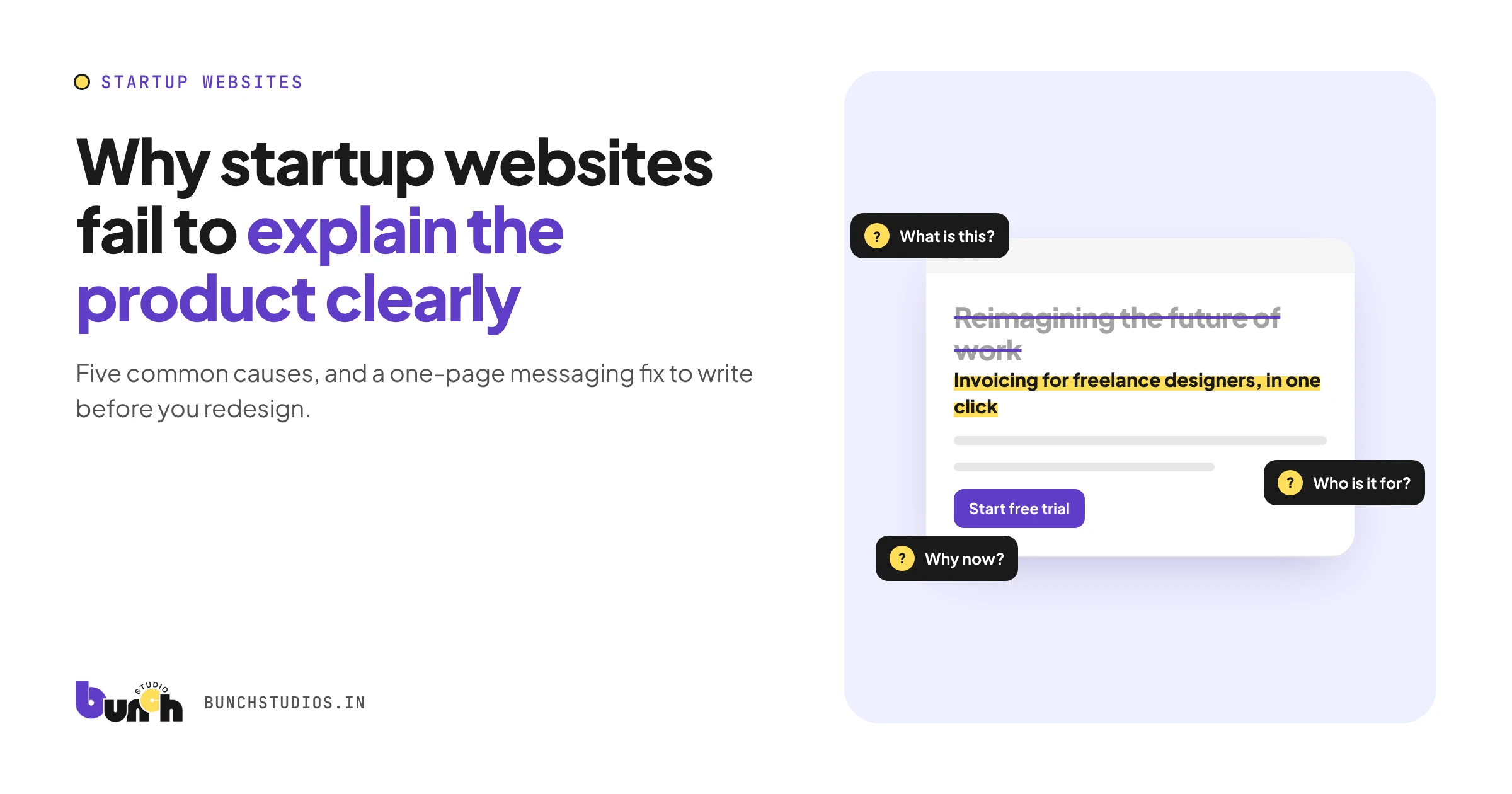 Cover graphic showing a vague startup headline replaced by a clear description of what the product does